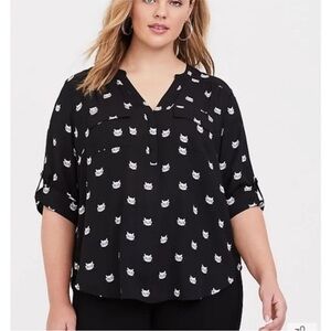 torrid Black 3 Cat-Print V-Neck Roll-Sleeve Blouse